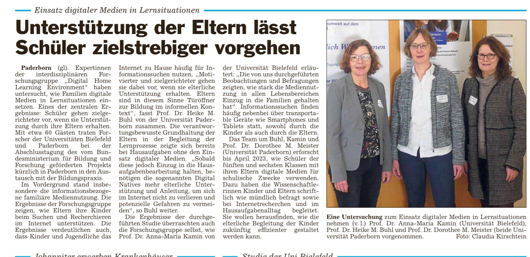 Neuer Artikel zur Transfertagung des DigHomE-Projekts am 09.02.2023 im Aspethera in Paderborn in der Zeitung "Glocke" erschienen. Titel: Unterstützung der Eltern lässt Schüler zielstrebiger vorgehen
