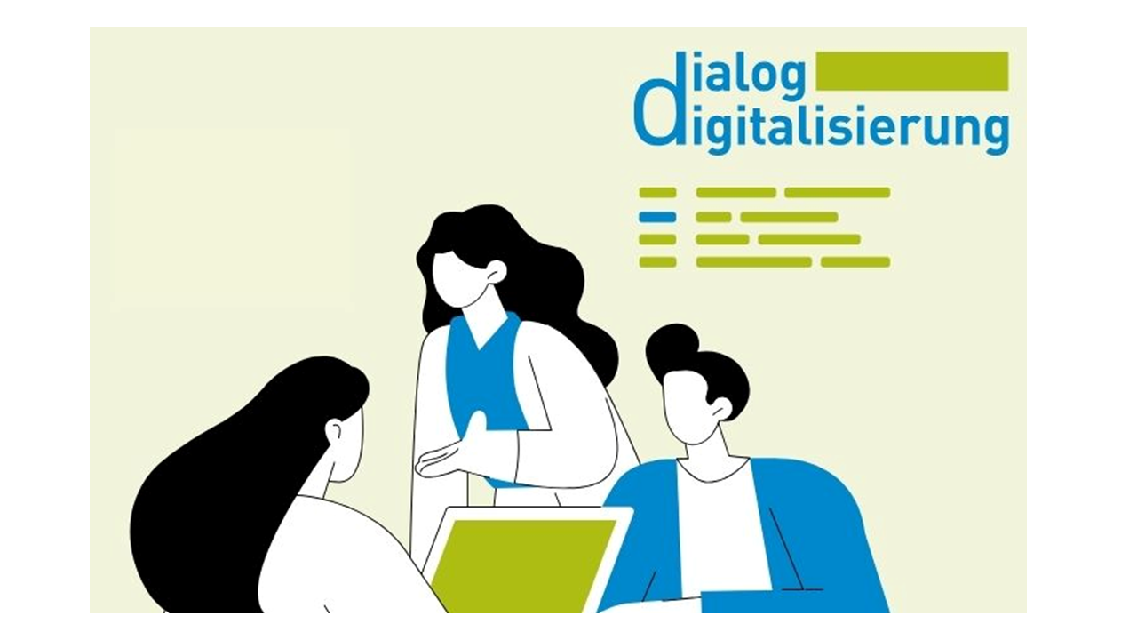 Das Bild zeigt eine schematische Darstellung dreier Personen, die um ein Laptop herum stehen und sitzen. Darüber prangt das Logo des dialog digitalisierung.